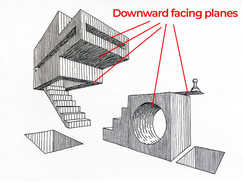 Downward facing planes hatching