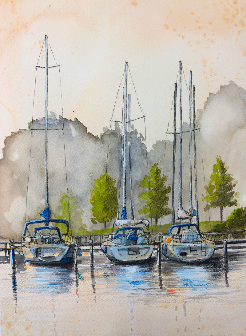 Mixed Media Drawing Painting Sailboats