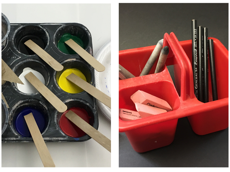 Organized art supplies in a lower level art class